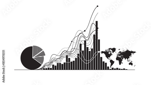 Financial growth illustration with charts globe and data analysis graphics