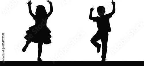 children, dancing, silhouette, playful, pose, gesture, movement, black, white, icon, illustration, vector, design, symbol, joy, energy, expression, moment, balance, stance
