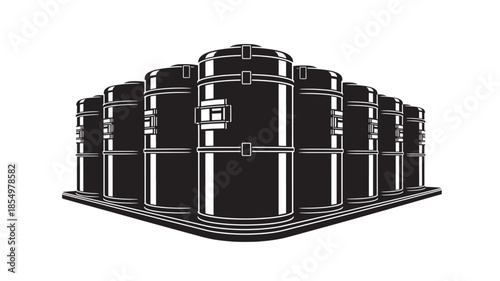 A black and white illustration of multiple industrial storage tanks in a row