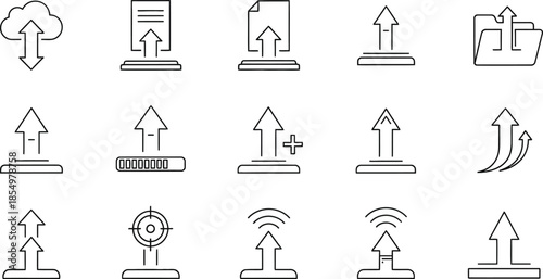 Set of various black outline icons representing data upload, transfer, and cloud synchronization actions