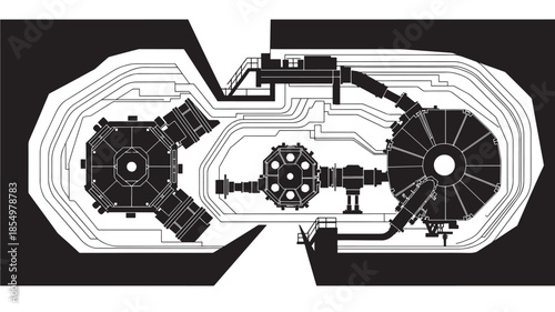 Detailed schematic drawing of a complex internal structure with geometric shapes