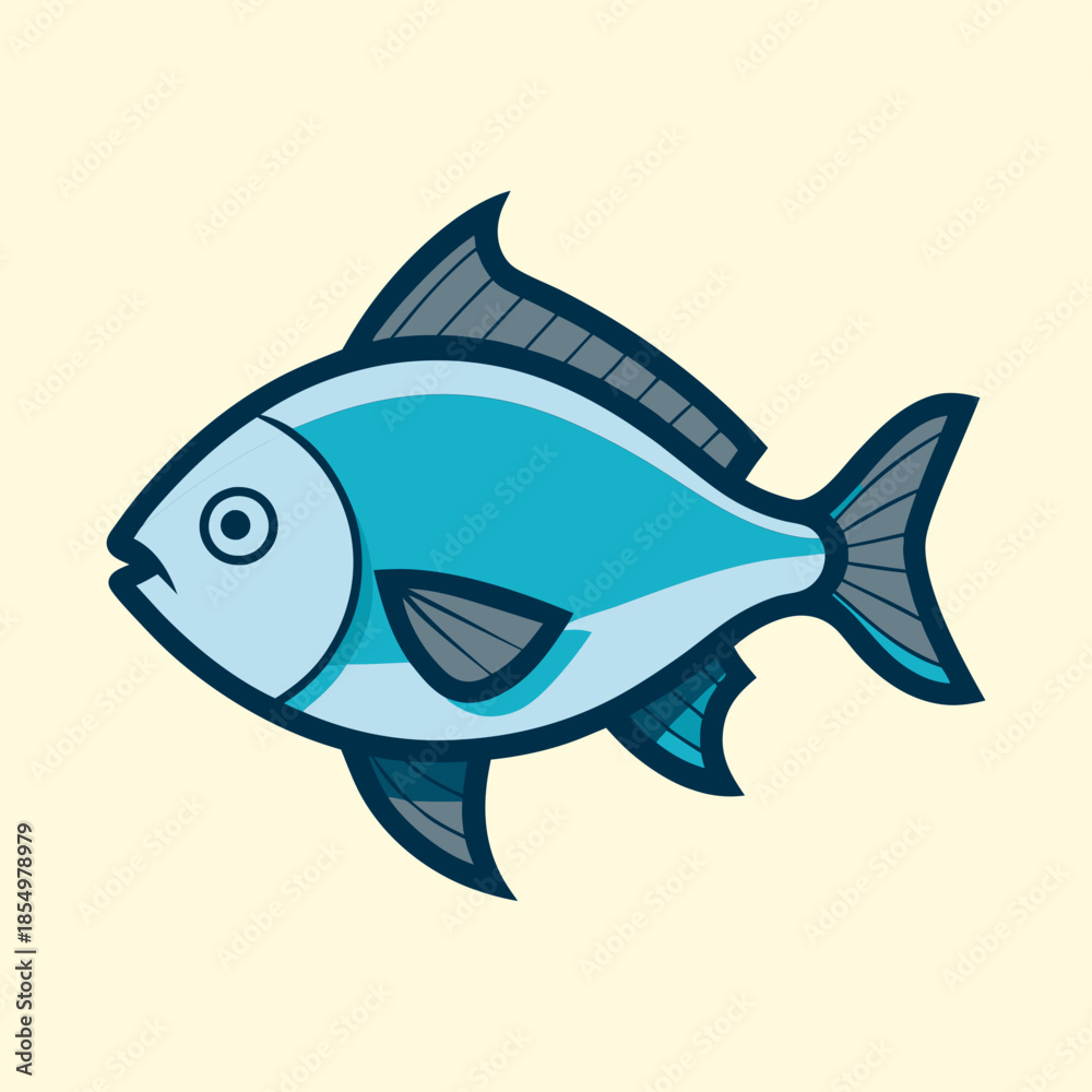 Obraz premium Stylized Blue Fish with Fin Details on Cream Background Illustration Art