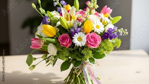 Best Beautiful bouquet of colorful flowers on wooden table