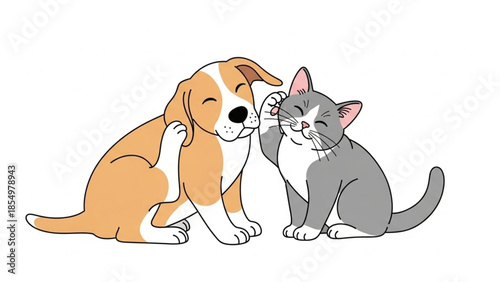 A playful cat helps its dog friend scratch an itch, sharing a cute moment of companionship