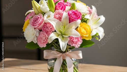 Beautiful bouquet of colorful flowers on wooden table