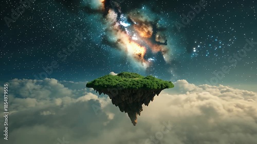 Floating Emerald Island Suspended Above Clouds Beneath a Massive Starry Milky Way