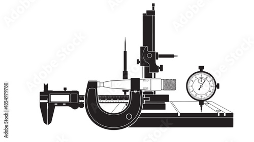 Precision measurement tools including a micrometer and dial indicator shown in black