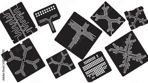 An assortment of black microchip circuit board patterns on a white background