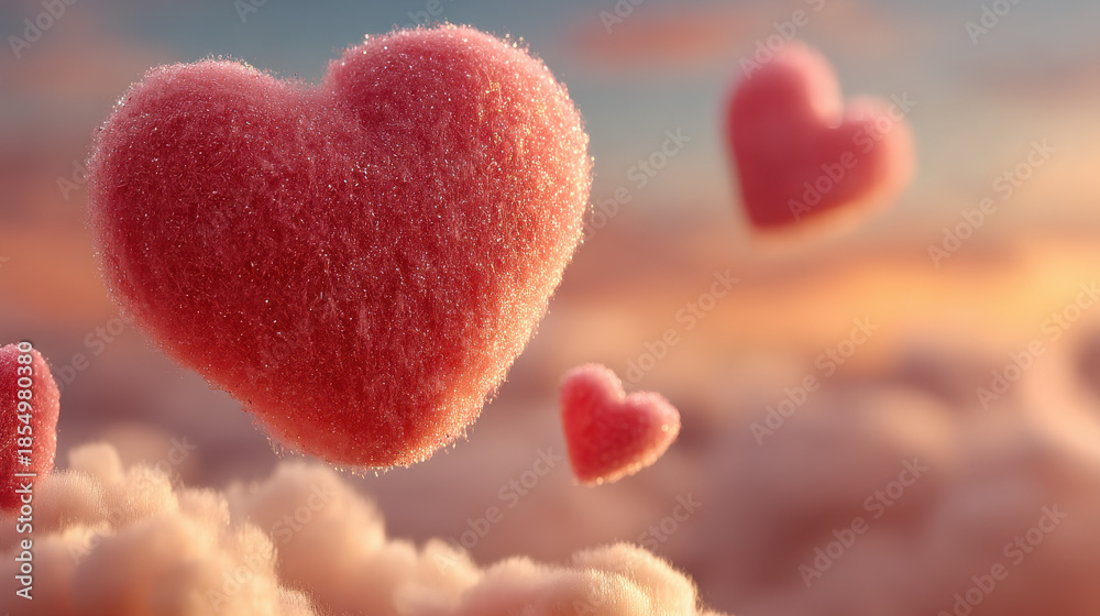 Obraz premium sparkling crystalline red heart drifts through sunset clouds with floating companions evoking dreamy romance perfect for valentines wallpaper or whimsical banner