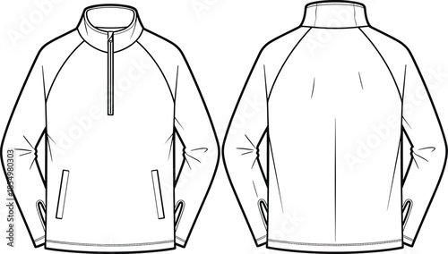 Black and white of front and back of quarter zip pullover sweatshirt