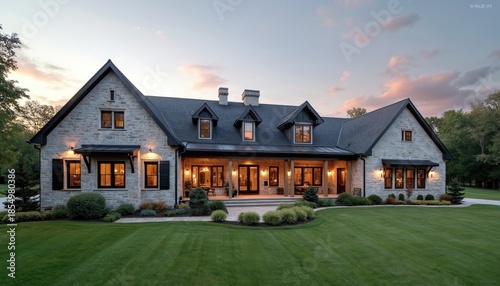 Elegant stone farmhouse with wrap-around porch sits on manicured lawn at dusk. Country estate features modern architecture, green grass, surrounding trees. Luxury residence offers scenic views under