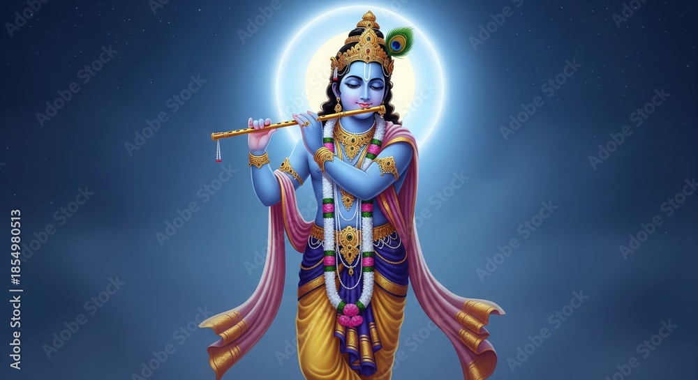 Obraz premium Lord Krishna Playing Flute Under Moonlight with Serene Devotional Aura