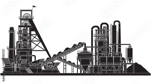 Industrial landscape with a mine headgear factory and processing plant depicted
