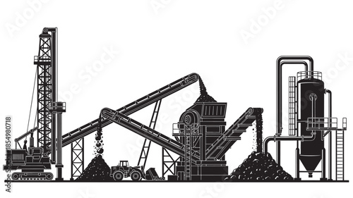 Industrial complex with oil derrick conveyor belts and processing machinery