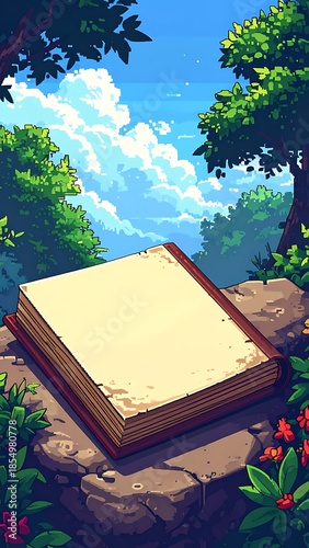 Open book with blank pages sits atop rock formation amidst lush greenery, under a blue sky with white clouds
