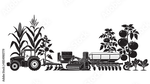 Black and white illustration showcasing farm machinery with corn and tomato plants