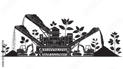 Industrial machinery and plant life coexisting in a stark black and white illustration