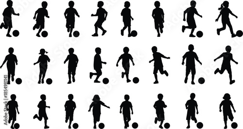 Black silhouettes of children playing soccer with balls
