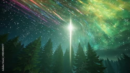 Vibrant Auroras Over a Quiet Pine Forest Under a Starry Night Sky