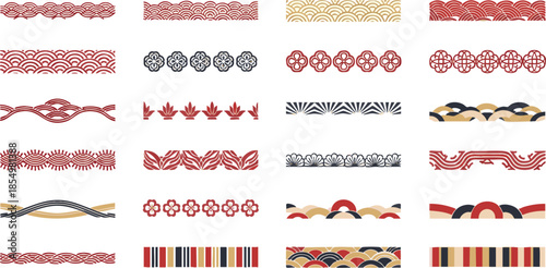 Traditional Japanese Border Patterns and Oriental Decorative Line Motifs Set.