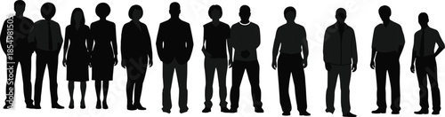 Detailed black vector silhouettes of a large diverse group of business people standing together isolated on white background