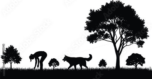 Silhouette vector illustration of a woman bending down while walking her dog on a leash in a grassy park nature scene