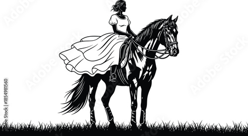 Elegant black and white silhouette vector of woman in long dress riding horse standing in grass isolated on white background