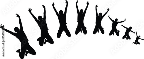 Vector illustration of happy men silhouette group jumping high together isolated on white background for success, freedom and celebration concept