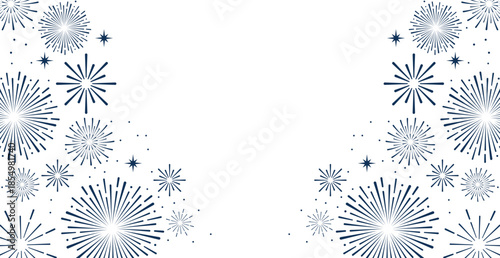  Elegant blue fireworks burst and sparkling stars on clean white background, festive celebration illustration for New Year, holiday party, greeting card, luxury event design, minimalist style vector.