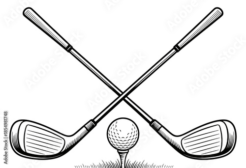 Crossed golf clubs and ball on tee silhouette icon. Minimalist sports vector illustration, professional golf tournament logo element, luxury country club symbol for branding and apparel.