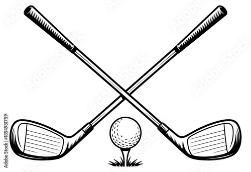 Crossed golf clubs and ball on tee silhouette icon. Minimalist sports vector illustration, professional golf tournament logo element, luxury country club symbol for branding and apparel.