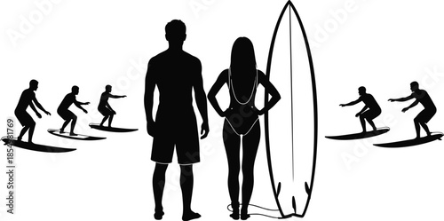 Black silhouettes of man and woman with surfboard and surfers white background