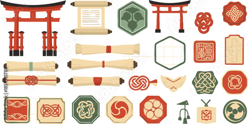 Traditional Japanese Cultural Symbols Set with Torii Gate, Paper Scrolls and Asian Emblems.