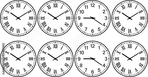 Analog clock illustration set, Roman and Arabic numerals, mixed times, educational icons, black outline, isolated, vector graphic
