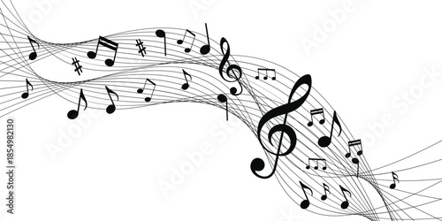 Music notes with curves, swirls vector illustration. Melody element. Musical note. Staff treble clef notes musician concept vector isolated on transparent background. 