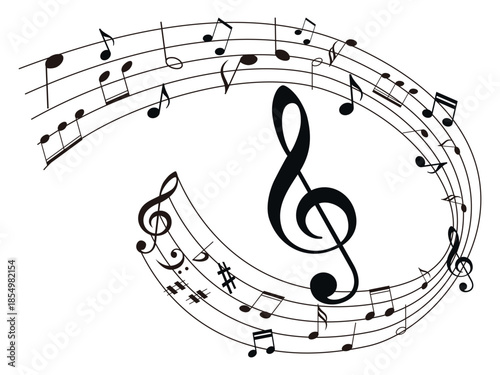 Music notes with curves, swirls vector illustration. Melody element. Musical note. Staff treble clef notes musician concept vector isolated on transparent background. 