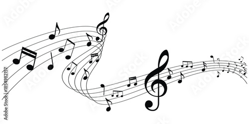 Music notes wave, Curve musical signs, sound wave line symbol, acoustic composition, Musical notes background, abstract music wave illustration.