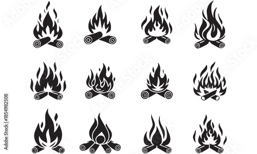 Campfire Icon Vector – Bonfire Flame Symbol, Firewood Design, Outdoor Light Illustration .