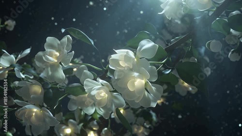 Delicate White Jasmine Blossoms on a Leafy Branch Against a Starry Night Sky