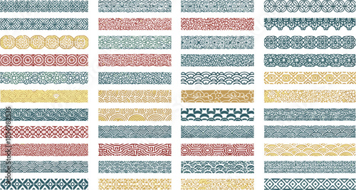 Traditional Japanese Border Patterns, Oriental Geometric Ornaments and Motifs Set.