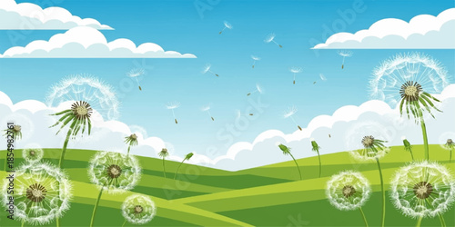 Summer landscape with green grass and blue sky featuring a spring meadow field with flowers and trees under a sunny cloud background