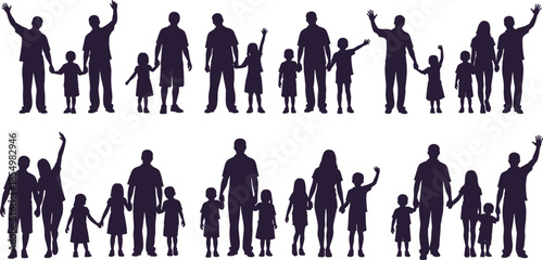 Dark blue silhouettes of people holding hands and waving family adults children
