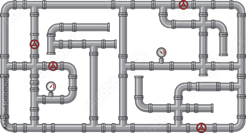 Industrial pipe system illustration, valves, pressure gauges, grid layout, mechanical flow control, black outline, isolated, vector graphic