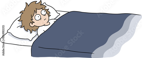 Sleepless cartoon character in bed, wide eyes, insomnia concept, startled expression, night scene, black outline, isolated, vector