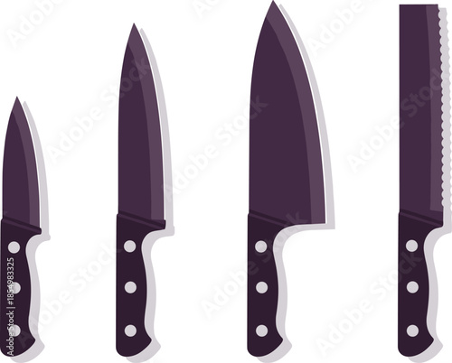 Four dark purple kitchen knives with black handles purple knives cooking utensils