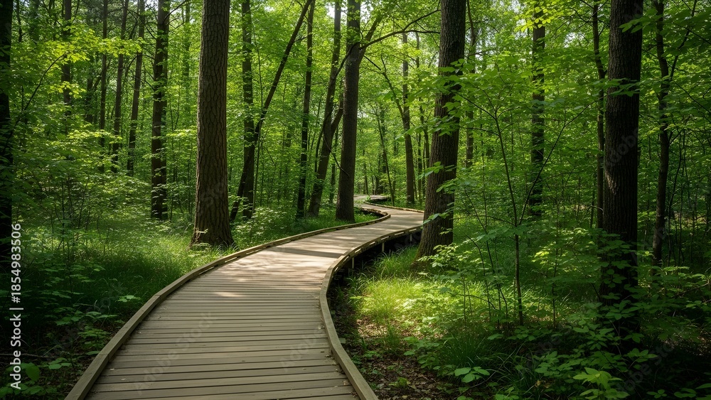 Fototapeta premium Serene Forest Boardwalk Through Lush Green Trees and Foliage