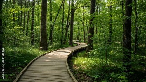 Serene Forest Boardwalk Through Lush Green Trees and Foliage