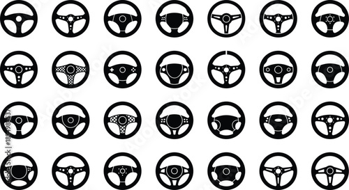 Steering wheel silhouette grid illustration, 25 designs, spoke variations, automotive icons, black outline, isolated, vector graphic