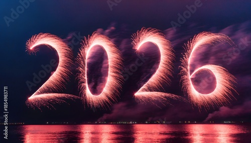 2026 Fireworks Typography Over Water – Red Glow Celebration in Night Sky