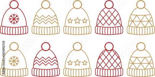 Winter hat cartoon illustration set, pom-poms, red and gold, festive patterns, symmetrical design, black outline, isolated, vector